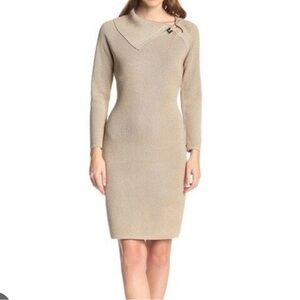 Calvin Klein Tan Sweater Dress, Long Sleeve, Gold Pin, Open Turtle Neck, size L